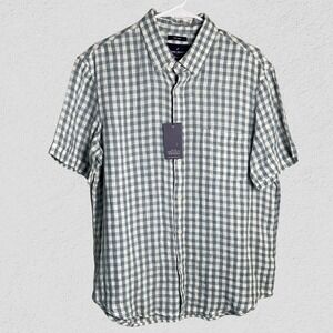 Daniel Hechter Men L 100% Linen Shirt Green White Short Sleeve Button Down Light
